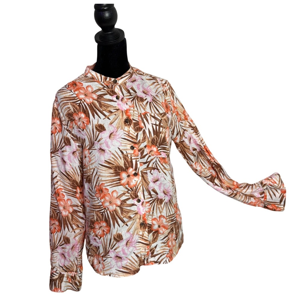 Lands End 100% Linen Tropical Palm Print Button Top Hawaiian Coastal Size XS 2 4